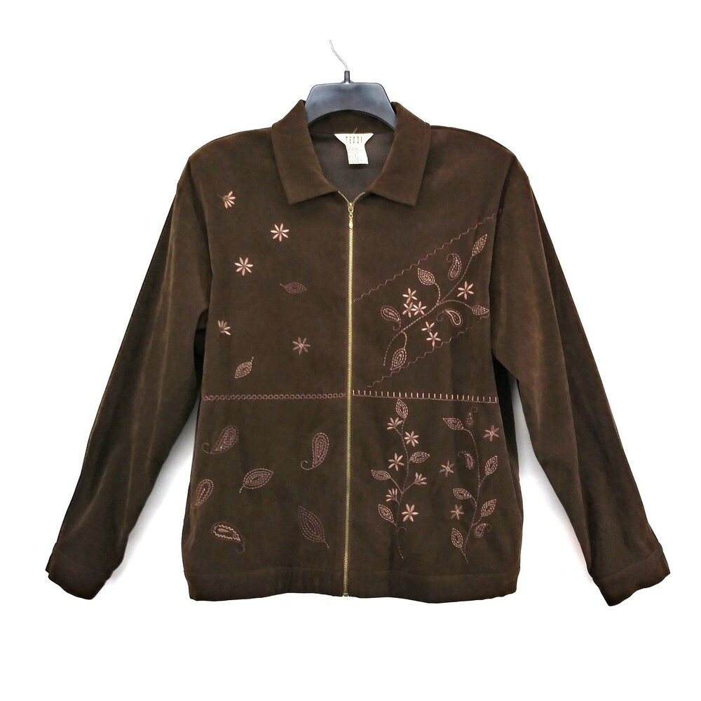 Teddi Jacket Womens Large Brown Long Sleeve Embroidered Floral Full Zip Pockets